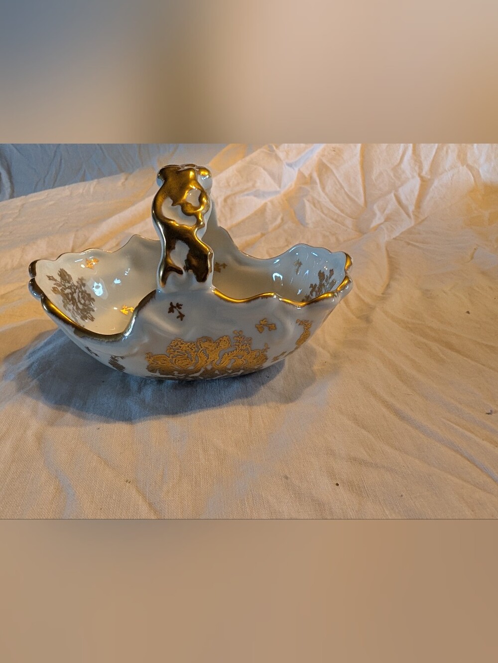 2/60$ Vintage White Porcelain Centerpiece with Gold Gilded Trim